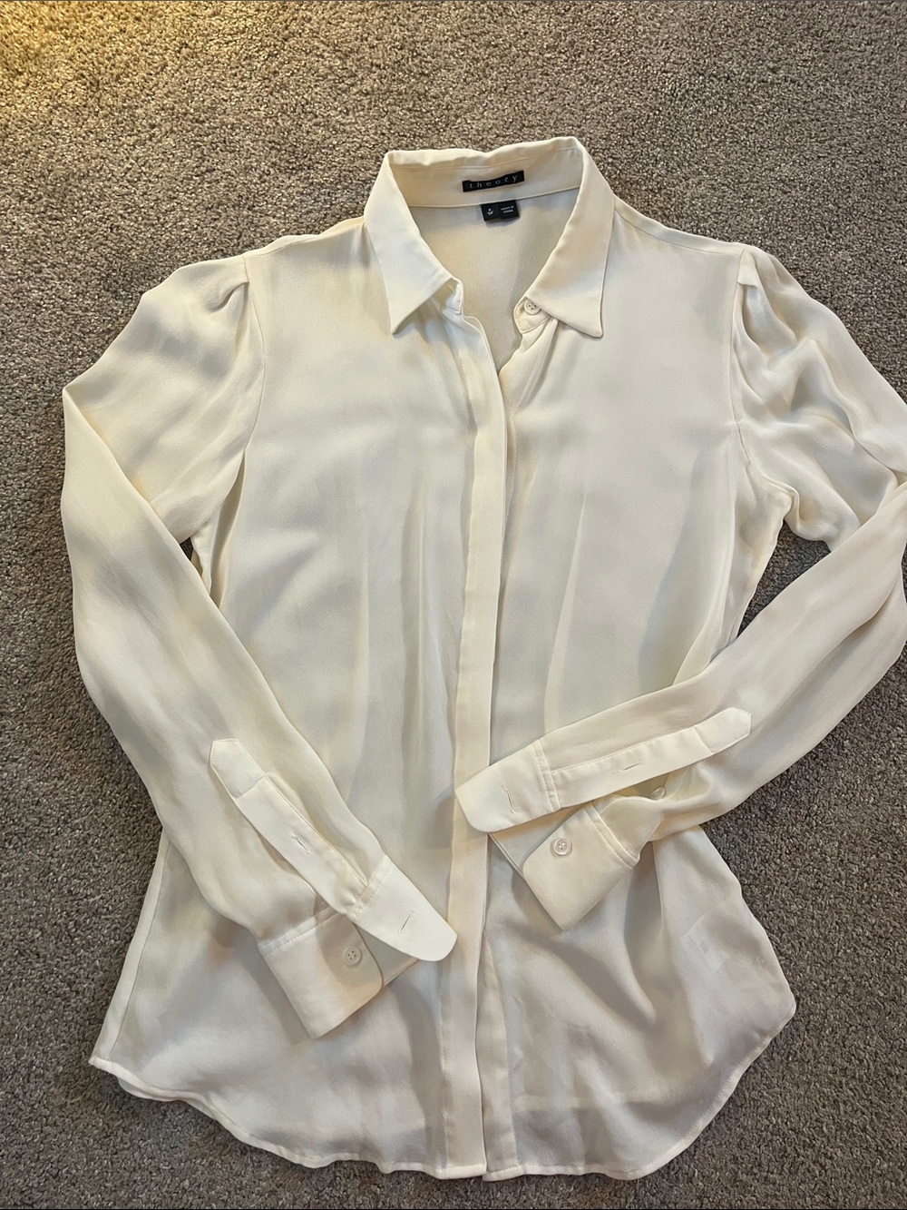 Theory 💯% Silk, Covered Placket Gathered Shoulder Button Down Blouse “Porcelain”